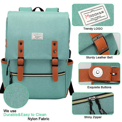 MODOKER Vintage Women Laptop Backpack with USB Charging Port, School College Backpack for Women Men Fashion Backpack Fits 15.6Inch Notebook, Slim Casual Travel Daypack Bookbag Green