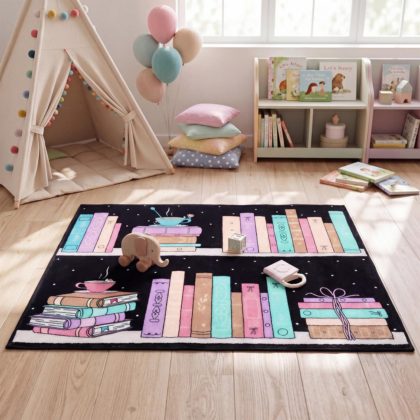 Dunzy Bookshelf Dots Classroom Rug 3.3 x 4 ft Back to School Classroom Decor Soft Washable Bookshelf Rug with Non Slip Backing for Teaching Playroom Reading Corner Library Supply