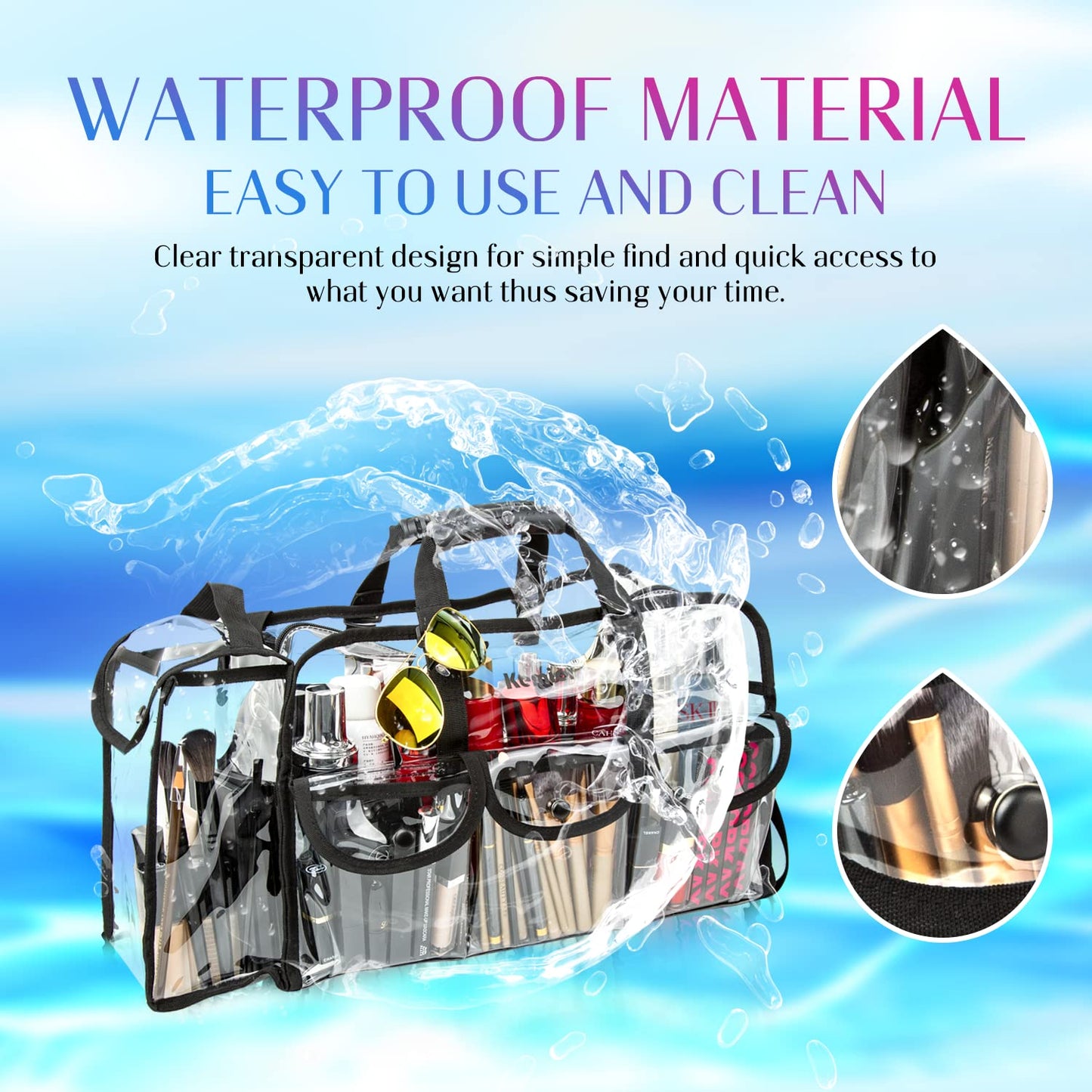 Kemier Clear Travel Makeup Bag with 6 External Pockets,Cosmetic Organizer Case with Shoulder Strap,Large