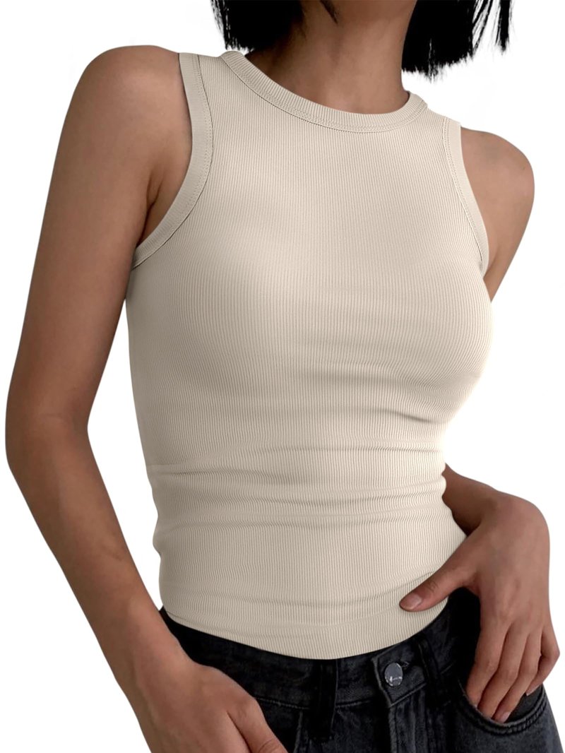 ANRABESS Womens Sleeveless High Neck Tank Tops Fashion Summer Casual Basic Slim Fit Ribbed Racerback Top Shirt Clothes Beige XX-Large