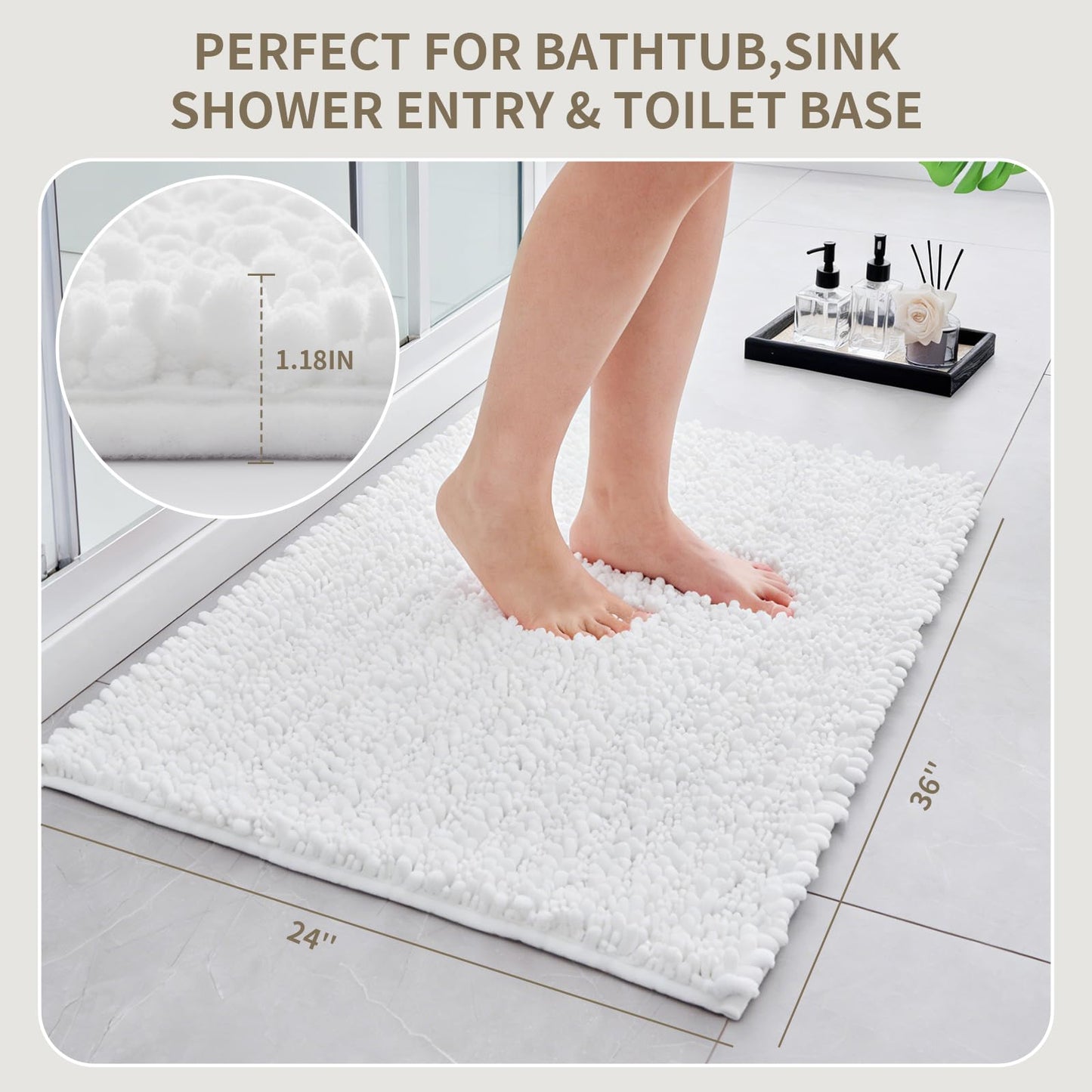 Ruggnovea Bathroom Rugs Non Slip Washable 36x24, Extra Thick Soft Chenille Absorbent Bath Mat, High Density Barrier Non Slip Backing, Quick Dry Plush Shaggy Floor Carpet for Tub&Shower, White