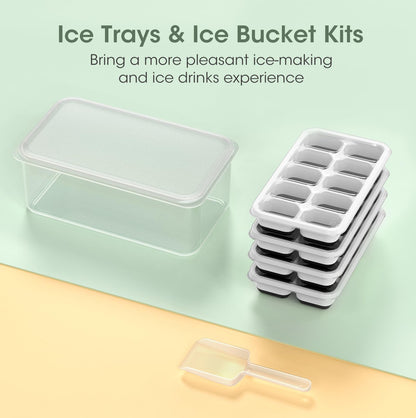 DOQAUS Ice Cube Tray with Lid and Bin, 4 Pack Silicone Plastic Ice Cubes Trays for Freezer with Box/Container, Stackable with Storage Iced Bucket Kits, Scoop, for Baby Food, Cocktail, Coffee