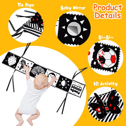 4 PCS Black and White High Contrast Baby Toys 0-3-6 Months Newborn Essential Montessori Toy for Babies Crinkle Sensory Book Brain Development Tummy Time Mirror Infant Carseat Rattle Easter Shower Gift