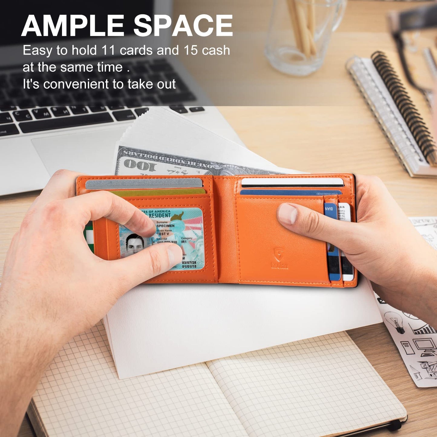 GSOIAX Mens Slim Wallet for Men Minimalist Genuine Leather Carbon Fiber Rfid Blocking Bifold Credit Card Holder With Gift Box (Carbon Black and Orange)