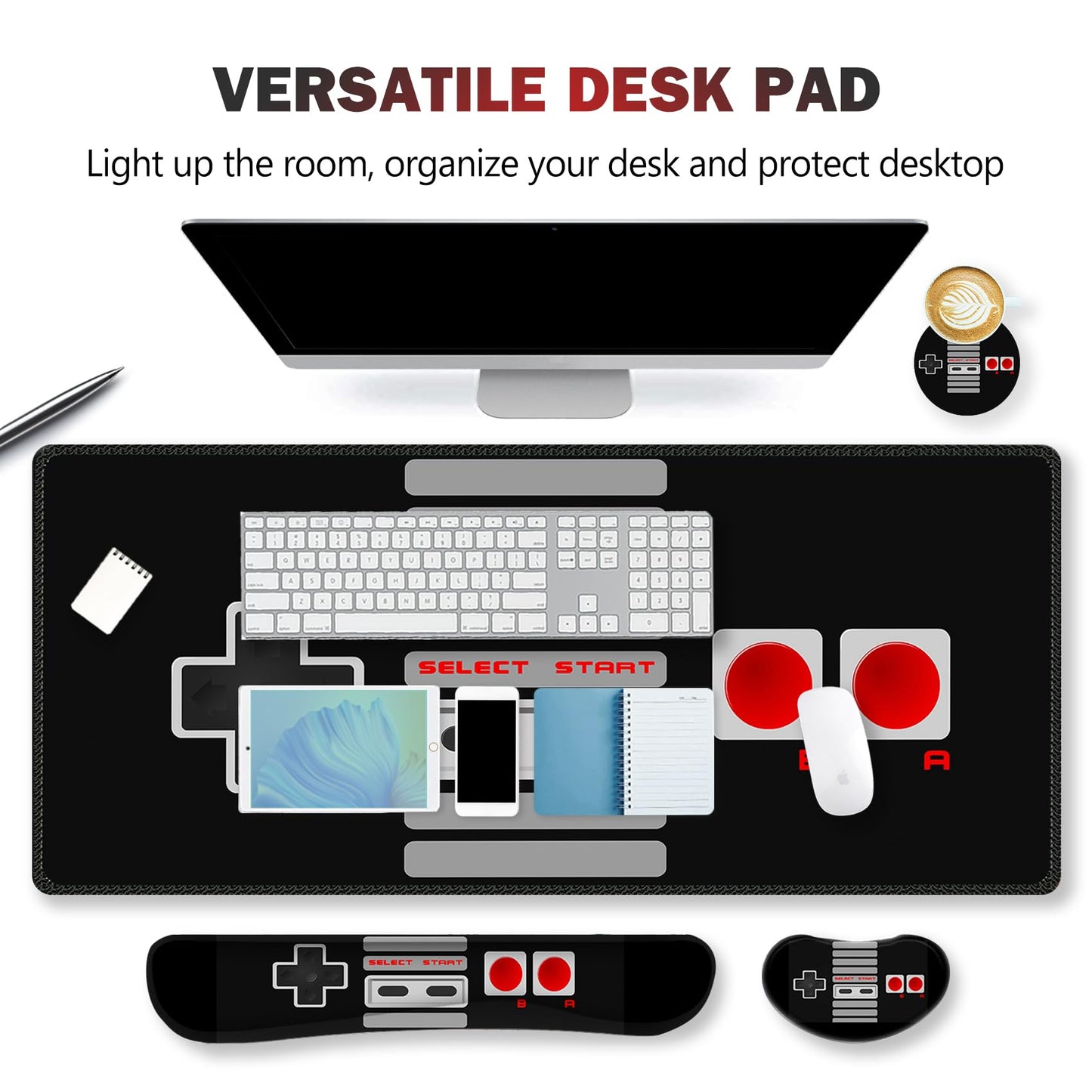 ARTSO Large Gaming Mouse Pad, Keyboard Wrist Rest Pad & Wrist Support Mousepad Set, Stitched Edge, Extended, Non-Slip Base, Memory Foam Desk Mat, Black Game Console