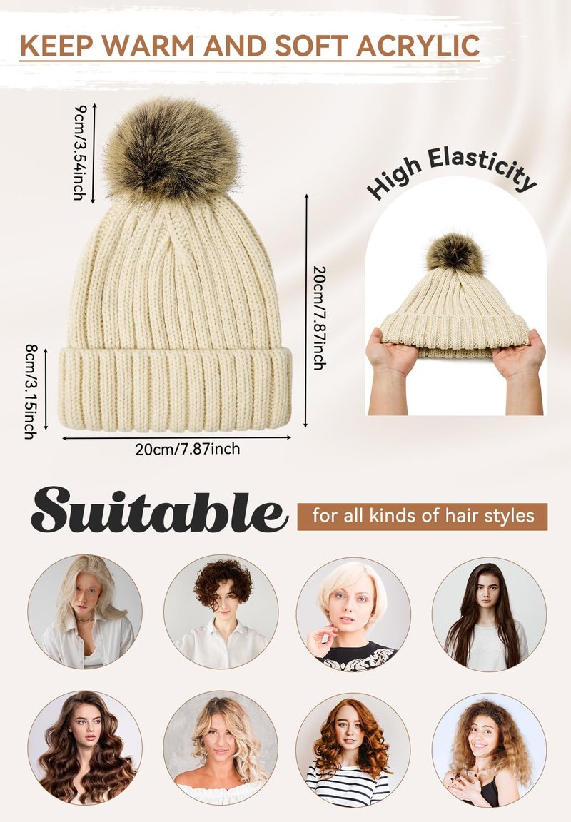 Zando Black Winter Satin Lined Beanie Hats for Women - Cute Pom Pom Beanie, Warm Winter Hat with Hair Protection, Thick Knit Beanies, Fashionable Stocking Cap for Outdoor Travel Daily Wear One Size