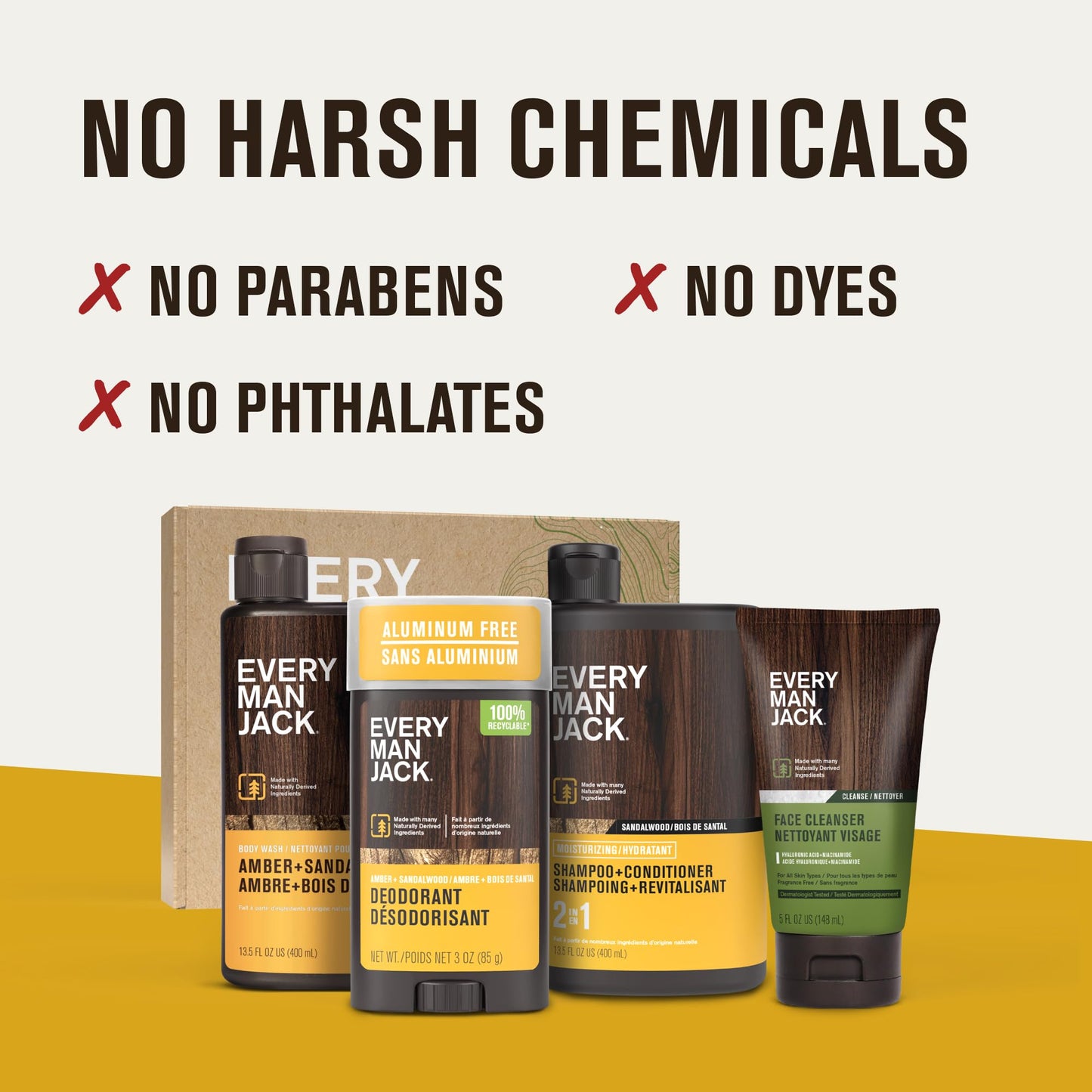 Every Man Jack Men's Bath and Body Gift Set - Amber + Sandalwood Scent - Clean Ingredients - Includes Hydrating Body Wash, 2-in-1 Shampoo, Aluminum-free Deodorant & Face Wash