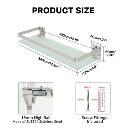 SAYAYO Bathroom Shelf Tempered Glass Shelf Wall Mounted, Brushed Shower Storage with SUS304 Stainless Steel Rail, 38CM Length, EGDL1001-LS