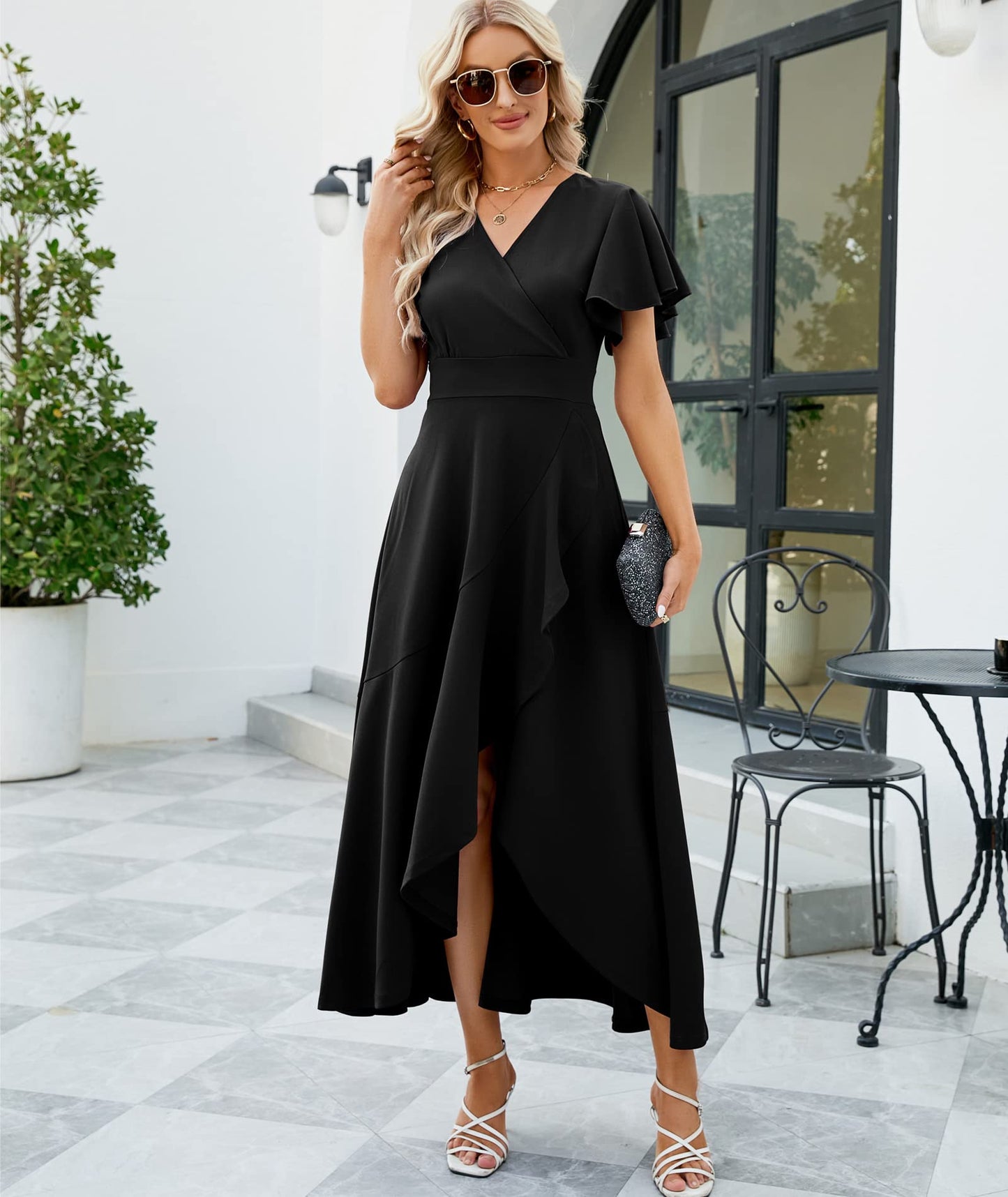 ZZV Wedding Guest Dresses for Women 2024 Gowns Evening Party Cocktail Dress,Long Split Elegant V Neck Wrap Ruffle Wedding Guest Dresses Black-XL