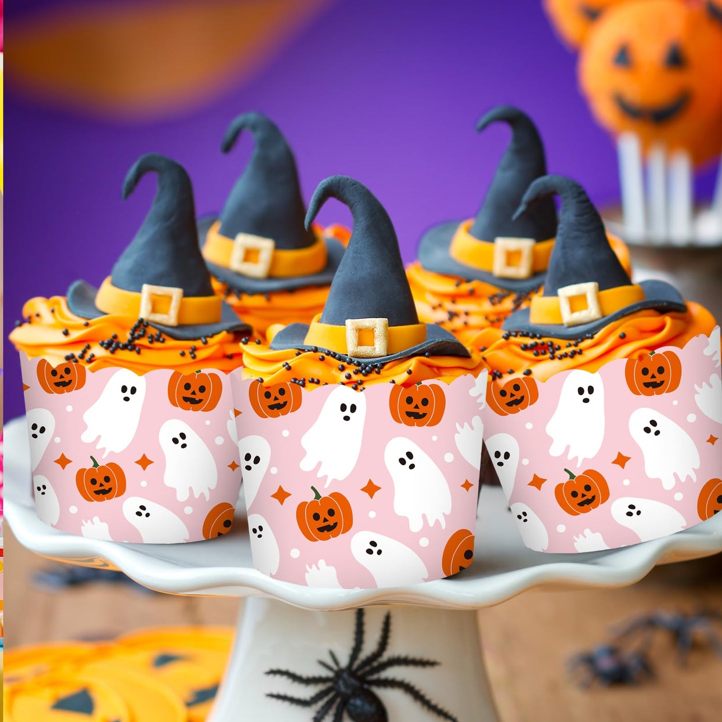 JarThenaAMCS 100Pcs Halloween Paper Baking Cups Pumpkin Ghost Cupcake Wrappers Orange Pink White Scalloped Edge Cupcake Muffin Cases for Halloween Dessert Decoration