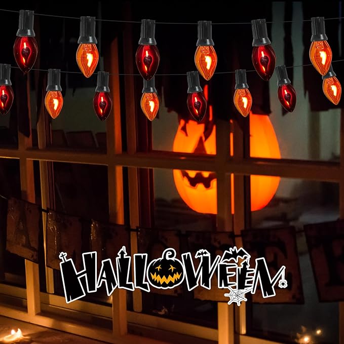 Halloween Orange Purple Lights Outdoor, 25FT C7 Halloween Flickering Flame String Lights with 27 Flame Bulbs, Hanging Patio Lights Waterproof Connectable for Patio Garden Yard Roofline Party Decor