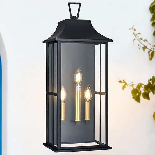 Outdoor Wall Lantern 3-Light, 25 "Large Outside Wall Sconce, Modern Black Wall Light Fixture with Glass, Waterproof Exterior Lamp for House, Porch, Garage,Bulbs Not Included