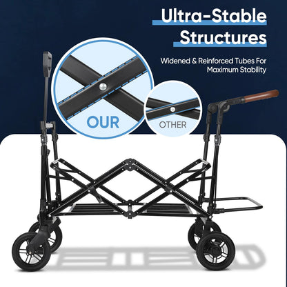 Sekey Kids Folding Handcart Wagon with Removable Canopy, Versatile Foldable Transport Trolley for Family Outings Including Shockproof PU Wheels, 220LBS(100KG) Weight Capacity, Push Handle, Black