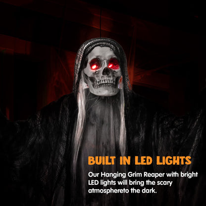 JOYIN 59” Halloween Animated Hanging Grim Reaper Outdoor Decorations with Glowing Eyes and Creepy Sound, Halloween Skeleton Ghost Decoration for Haunted House Prop Graveyard Lawn Indoor Party Supplies