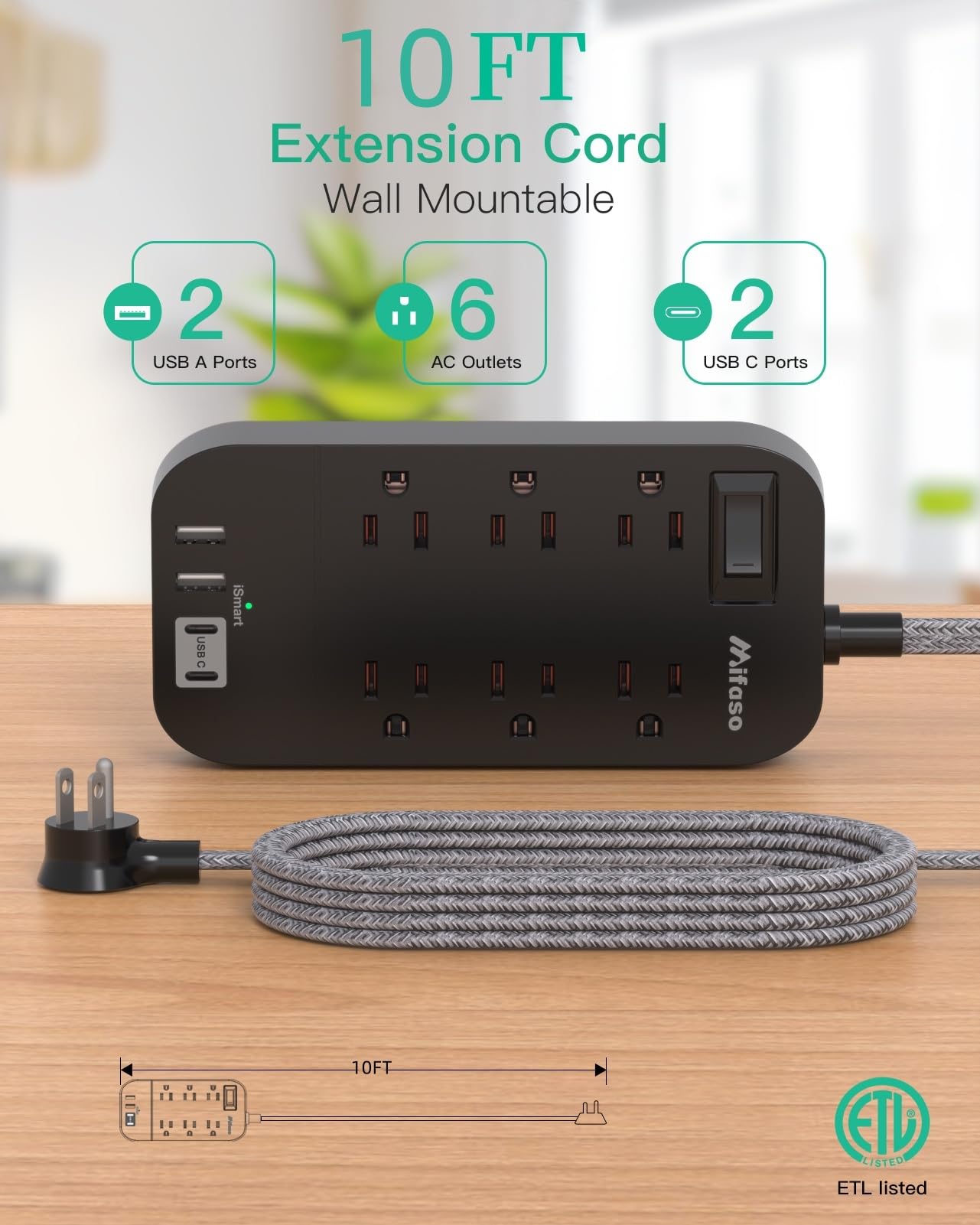 Power Strip - 10 FT Long Flat Plug Extension Cord, 6 Outlets 2 USB A 2 USB C Ports Outlet Extender with Overload Protection, Wall Mount, Desktop Charging Station for Home, Office and Dorm Essential