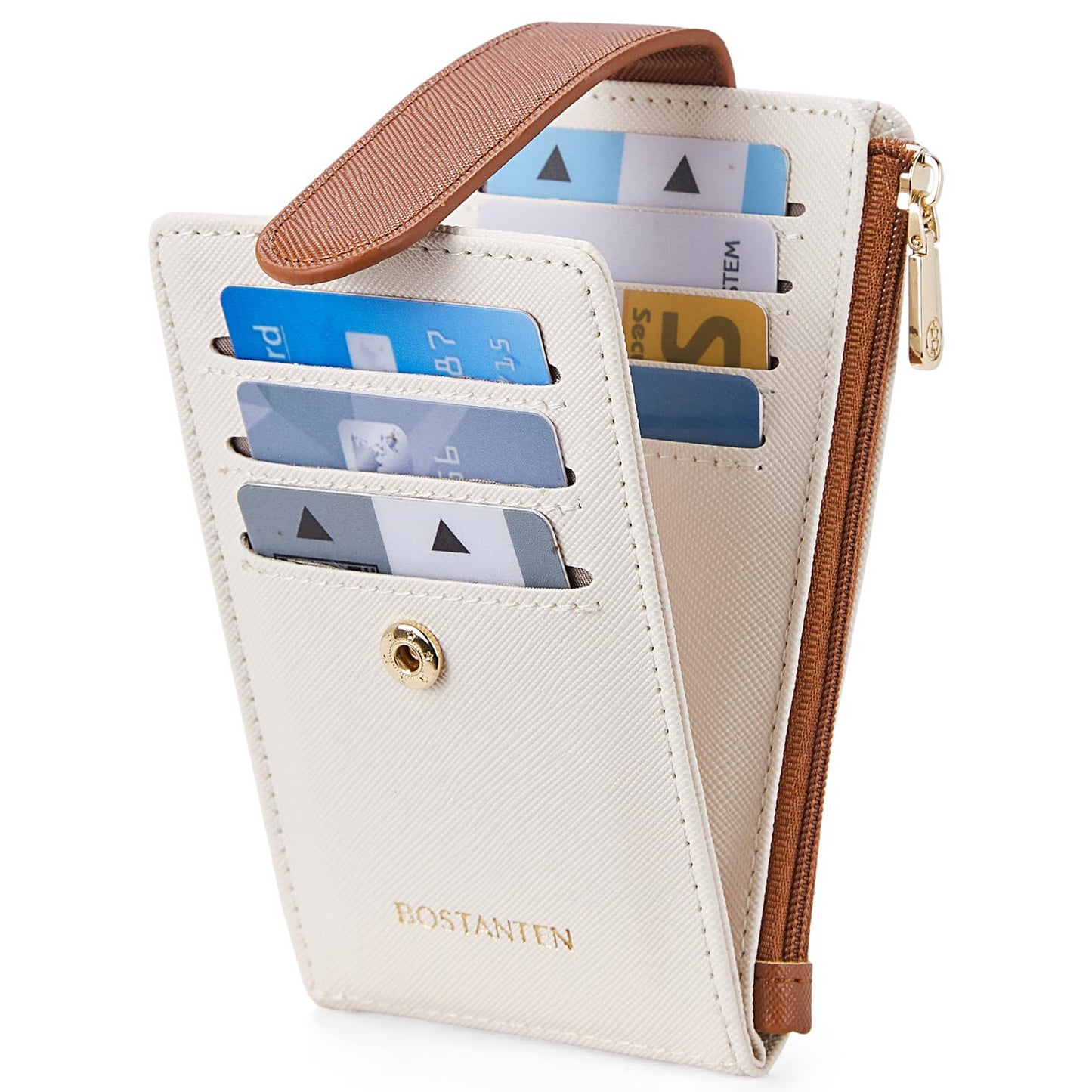 BOSTANTEN Slim Wallet Women RFID Blocking Card Holder Leather Bifold Wallet with Zipper Pocket Beige＆Brown