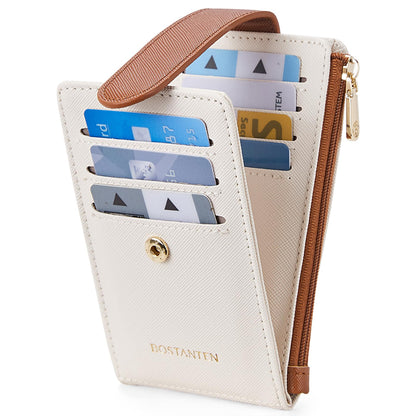 BOSTANTEN Slim Wallet Women RFID Blocking Card Holder Leather Bifold Wallet with Zipper Pocket Beige＆Brown