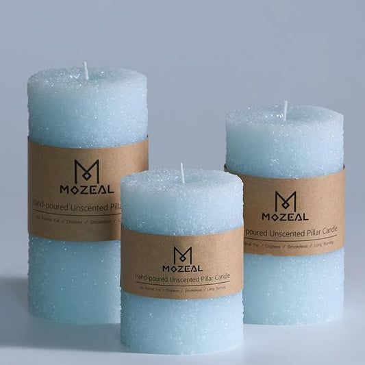 MOZEAL Hand-Poured Granular Texture Decorative Baby Blue Pillar Candles Set of 3 (3"x4", 5", 6"),Approx 300 Hours Burn Time Dripless, Unscented, Smokeless, Spring Party Decor Candle Lover Gift