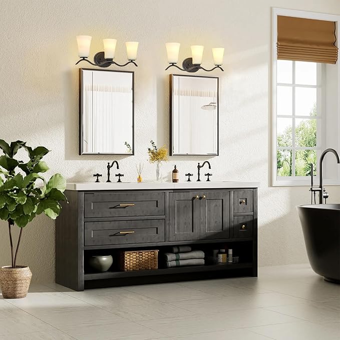 3 Light Bathroom Vanity Light Fixture, Oil Rubbed Bronze Vanity Light Fixtures with Milky White Glass Shade, Modern Bathroom Wall Sconces Lights Over Mirror