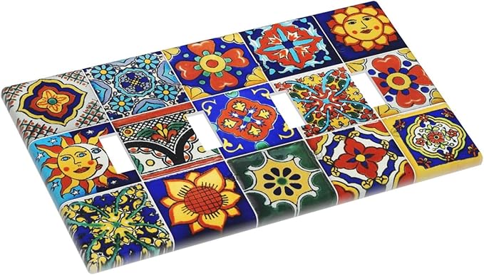 Traditional Colorful Talavera Mexican Spanish Moroccan Tiles Quad Gang Toggle Light Switch Cover 4-Gang Wall Plates Decorative Electrical Switchplate for Home Bedroom Art Decorate