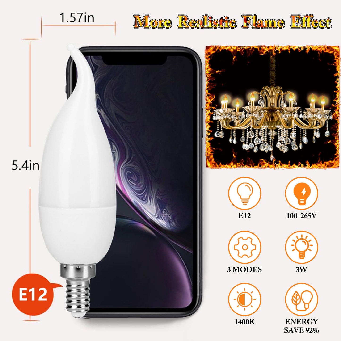 Kestnsee E12 LED Flickering Candelabra Flame Effect Light Bulbs - Upgrade Flicker Candelabra Torch Fire Effect Lights Bulbs for Outdoor Halloween Xmas Holiday Decorations Indoor Lamp (6 Pack)