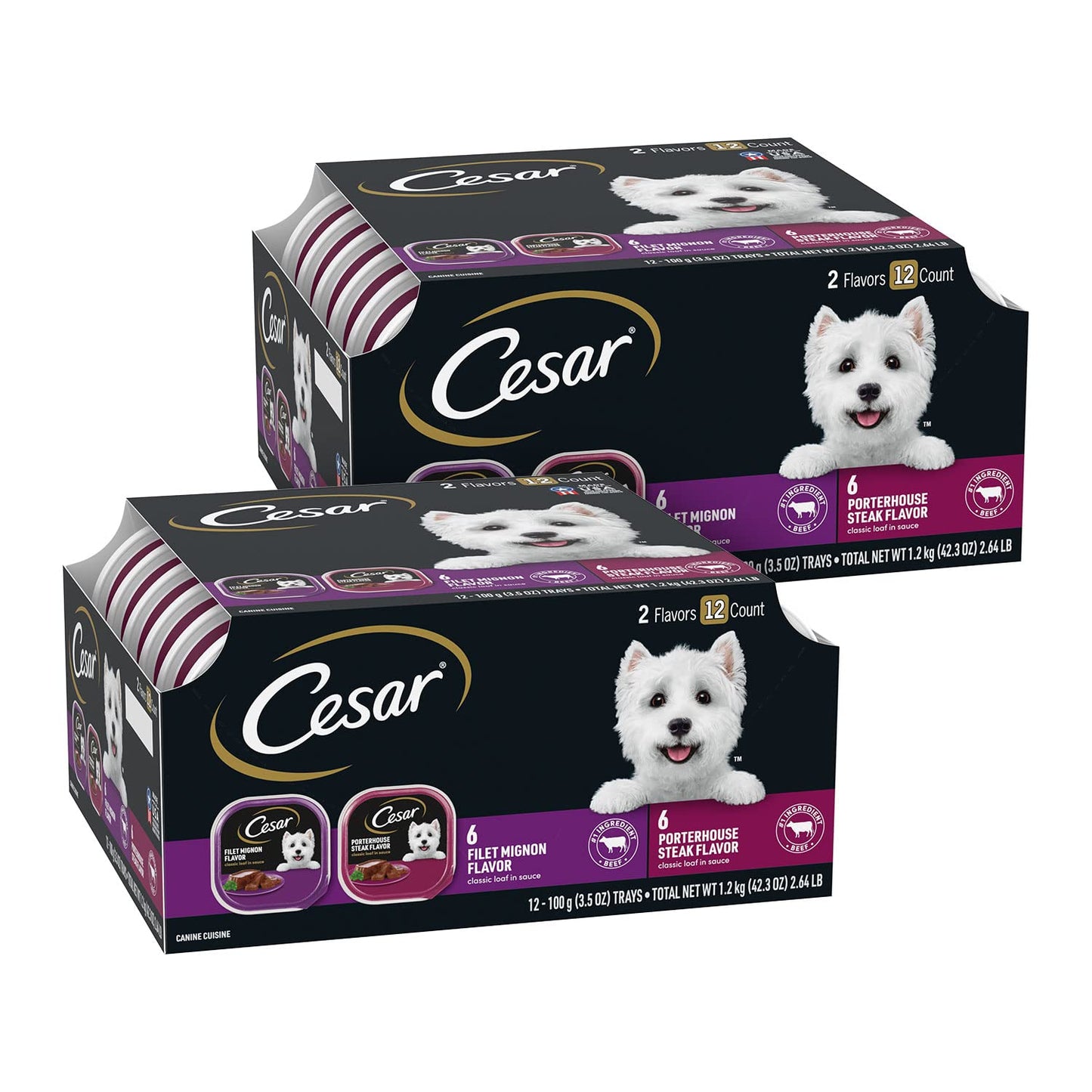 Cesar Wet Dog Food Classic Loaf in Sauce Filet Mignon and Porterhouse Steak Flavors Variety Pack, 3.5 oz. Easy Peel Trays (12 Count, Pack of 2)