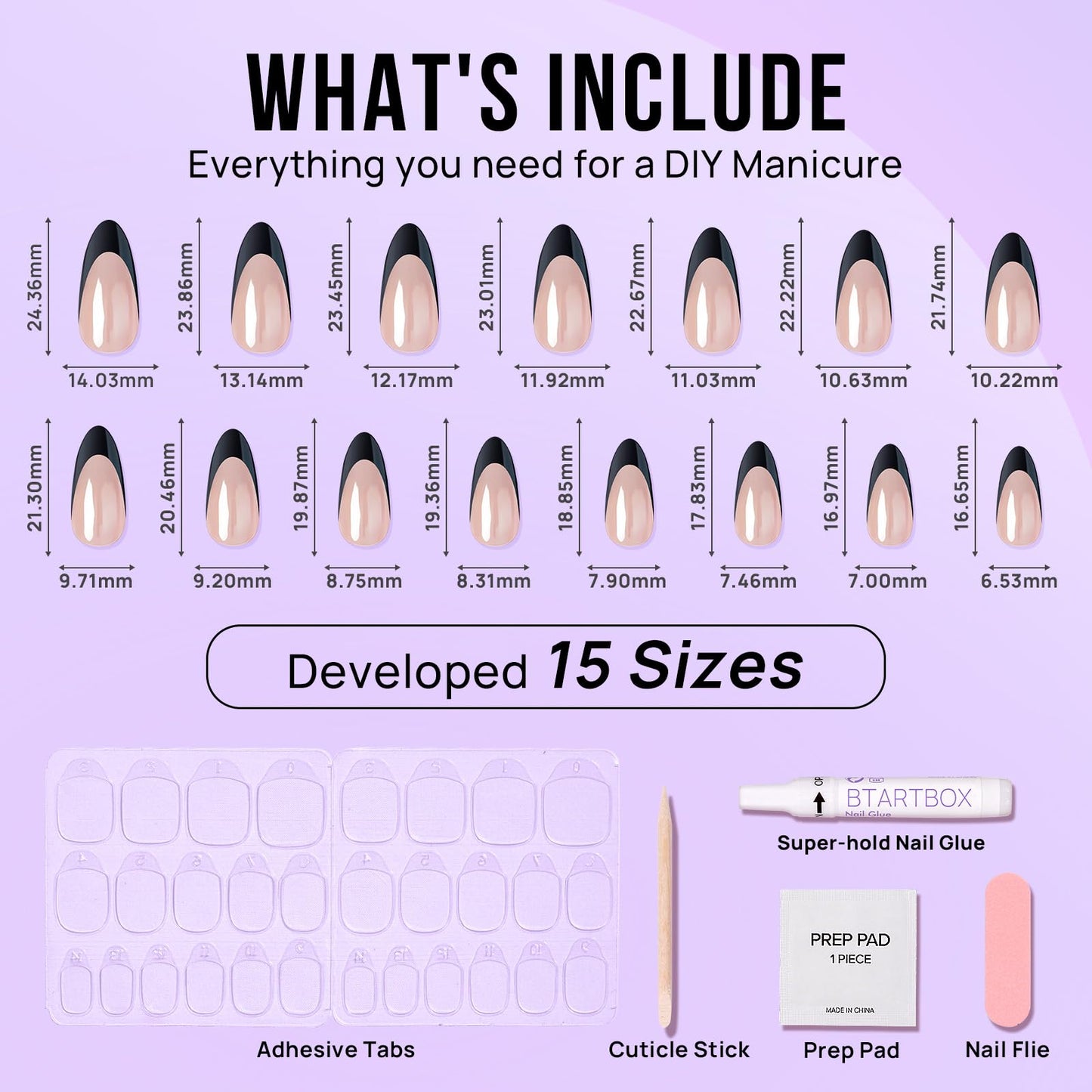 BTArtbox French Tip Press On Nails - Short Almond Press on Nails, Glue On Nails for Gift, Natural Reusable Stick On Nails in 15 Sizes - 30 Fake Nails Kit, Black Swan