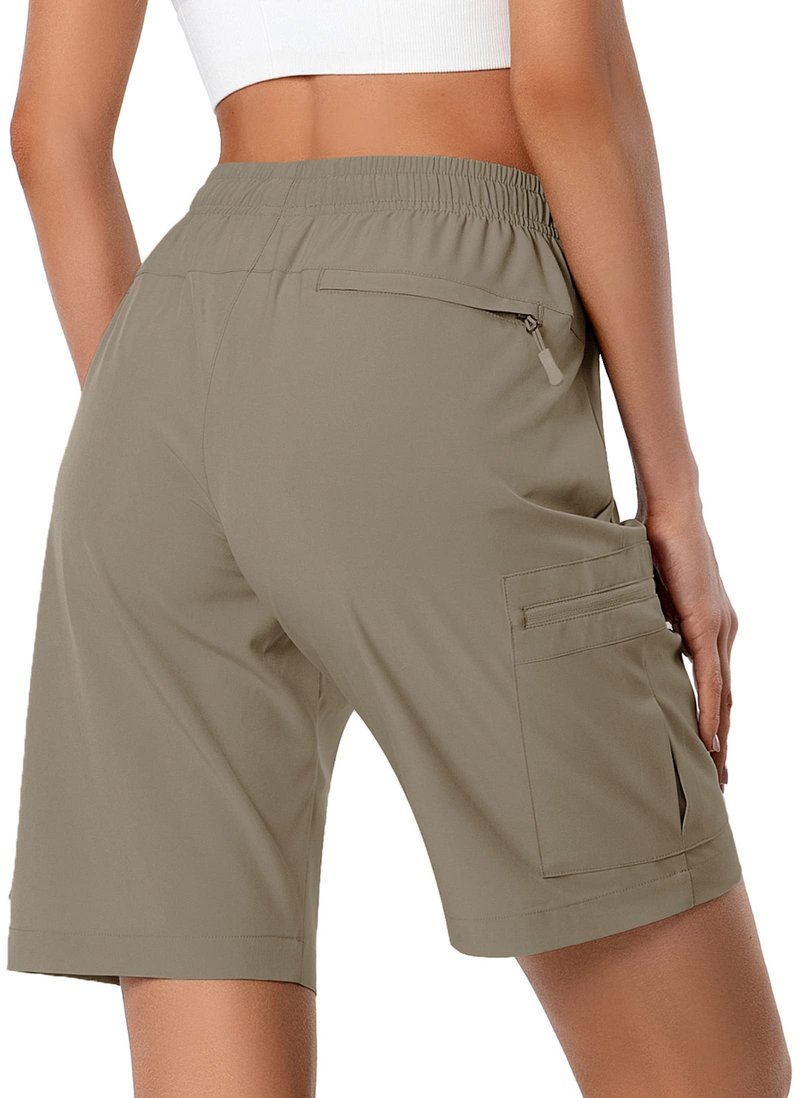 Hugut Women's Lightweight Hiking Cargo Shorts Quick Dry Athletic Shorts Camping Travel Golf Zipper Pockets Water Resistant Dark Khaki