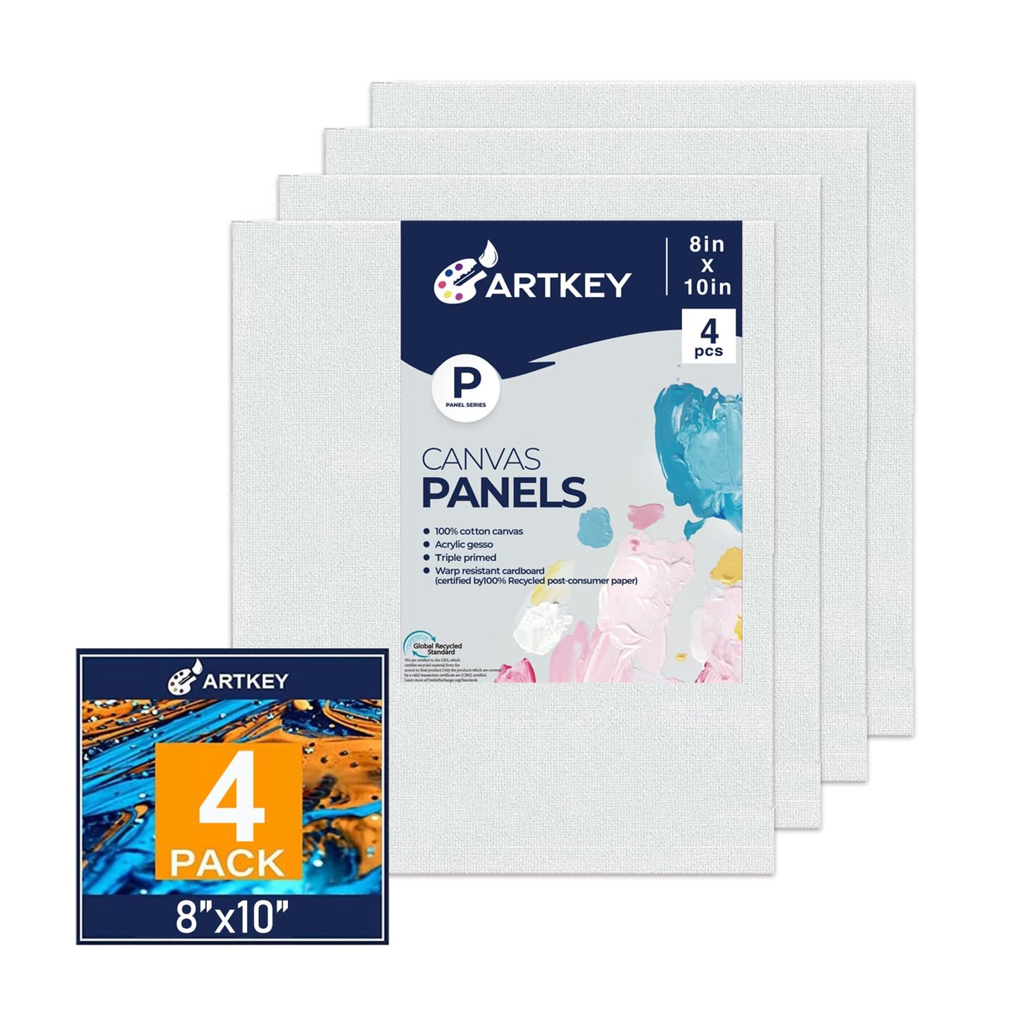 Artkey Canvases for Painting, 8x10 Inch 4-Pack, 10 oz Primed 100% Cotton White Blank Canvas Boards, Art Supplies Canvas Panels for Oil Acrylics Watercolor & Tempera Paints