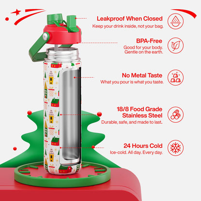 ENCOOL Christmas Insulated Water Bottle with Straw, Stainless Steel Water Bottle, Leak Proof BPA-Free, Keeps Cold for 24 Hours for Sports, Christmas Holiday Gifts for Women, 26 oz, Holiday Home