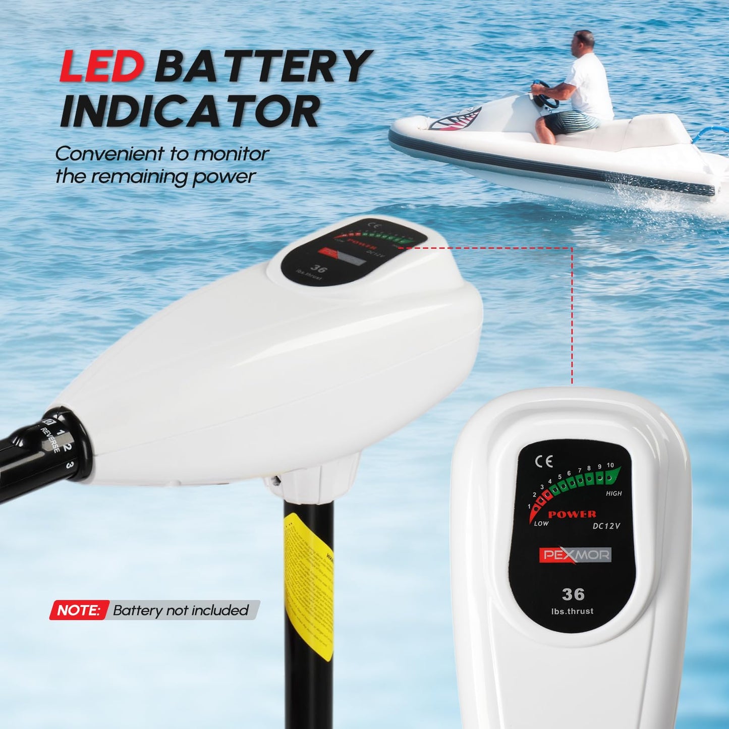 PEXMOR 8 Speed 55LB Electric Trolling Motor, Electric Outboard Boat Motor w/Adjustable Handle & LED Indicator, Transom Mounted for Saltwater, Kayak, Fishing Boat (Off-White, 55LBS)