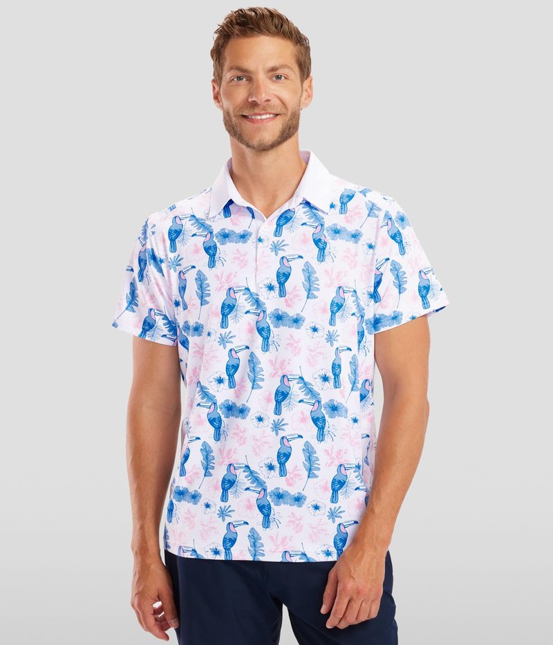 Tipsy Elves Men's Golf Polo Shirt - Moisture Wicking, Stretch Fabric, Athletic Fit - White Toucan Tango Performance Polo - X-Large