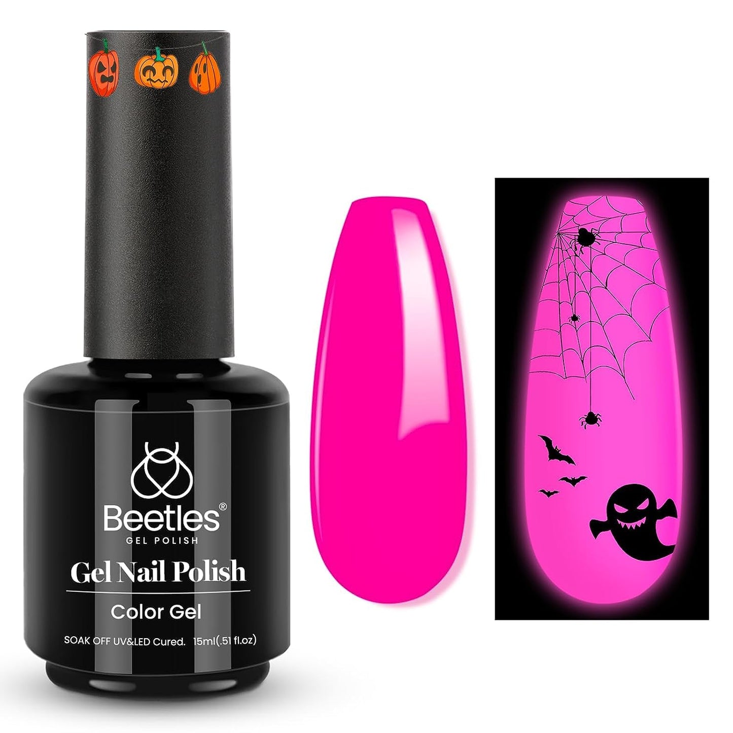 Beetles Hot Pink Gel Nail Polish - Luminous Pink Gel Polish 15ml Glow in the Dark Pink Halloween Soak Off Uv LED Nail Lamp Nail Art Manicure Salon DIY Home for Women Girls