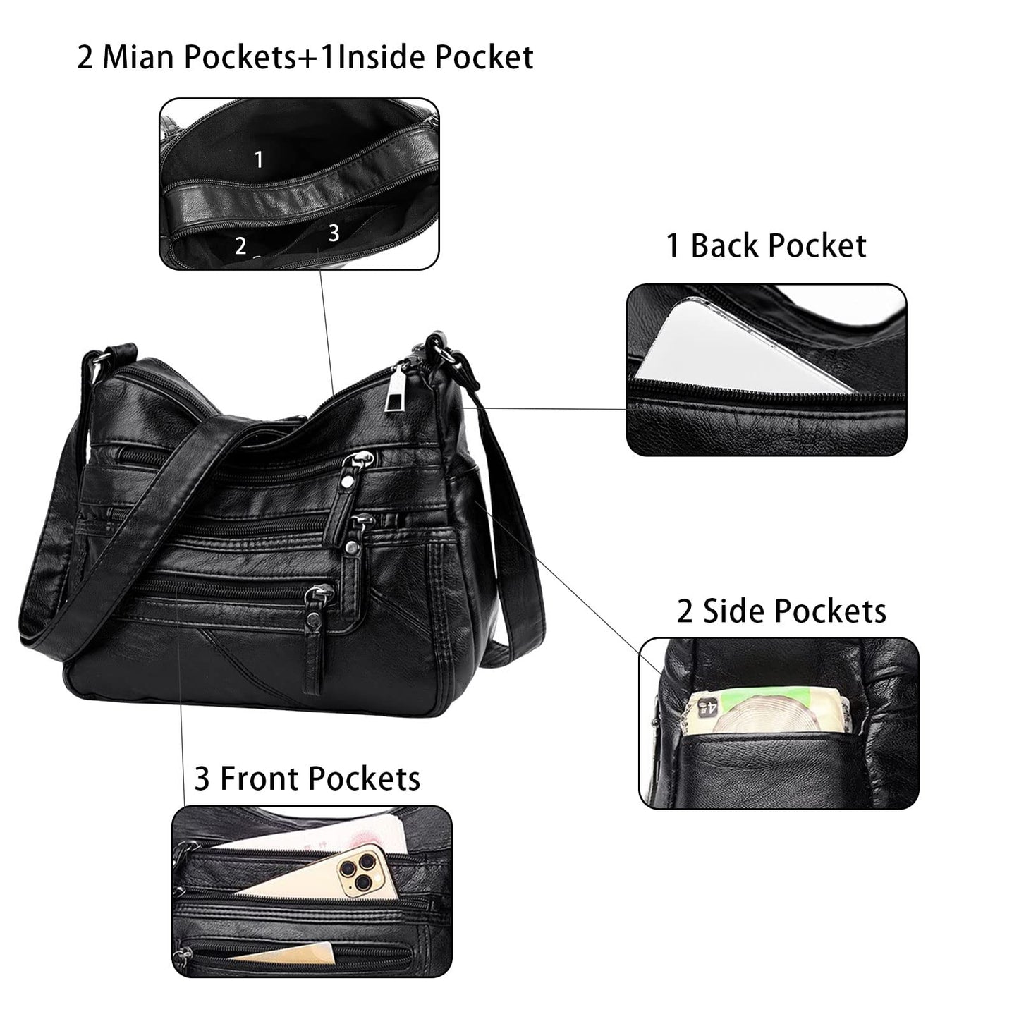 Ladies Shoulder Bags Soft PU Leather Crossbody bag for Women Multi Pockets Lightweight Waterproof Crossbody Handbags for Travel Daily Use Black