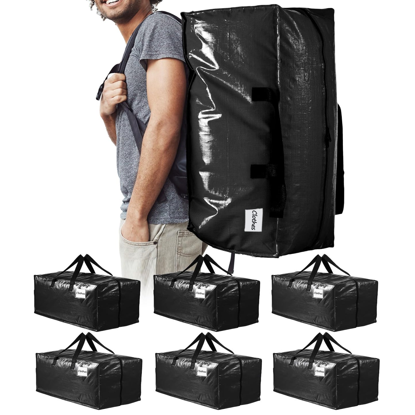TAILI Heavy Duty Moving Bags, Clothing Storage Bags with Sturdy Zipper and Strong Handles, Black Clothes Storage Bins, Extra Large Tote for Moving Supplies, Better than Boxes (6-Pack)