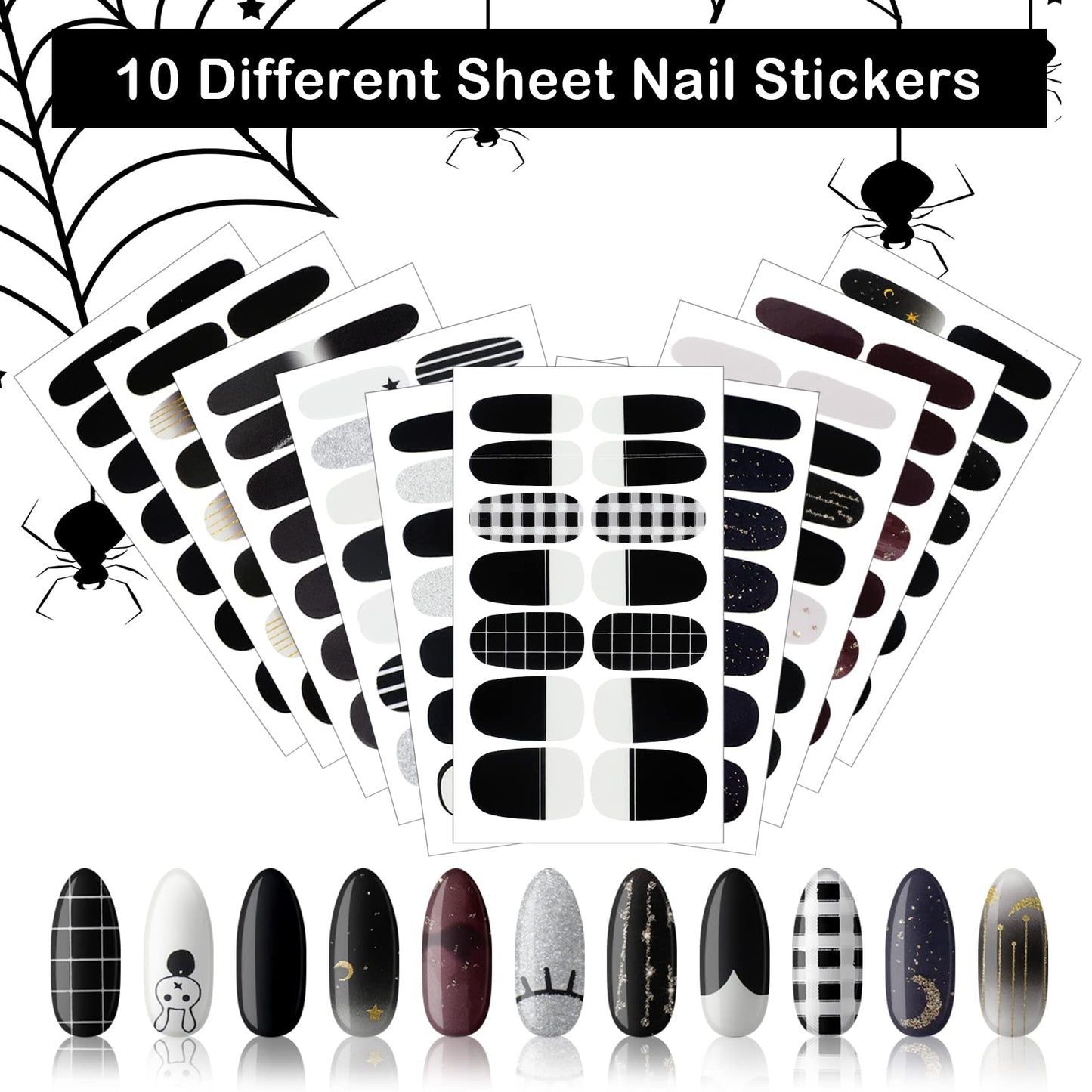 140 Pcs 10 Sheets Black Full Wrap Nail Stickers Polish Strips Gradient Stickers Glitter Self Adhesive DIY Art Decals Strips with 2 Pcs Nail Files for Halloween Decor (Retro Style)