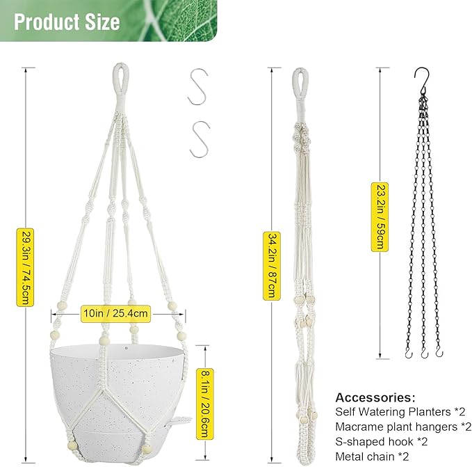10 inch Self Watering Hanging Planters, 2 Pack Hanging Baskets for Indoor Outdoor Plants, Hanging Flower Pots with Drainage Holes and 2 Kinds of Plant Hangers for Garden Decor, Speckled White