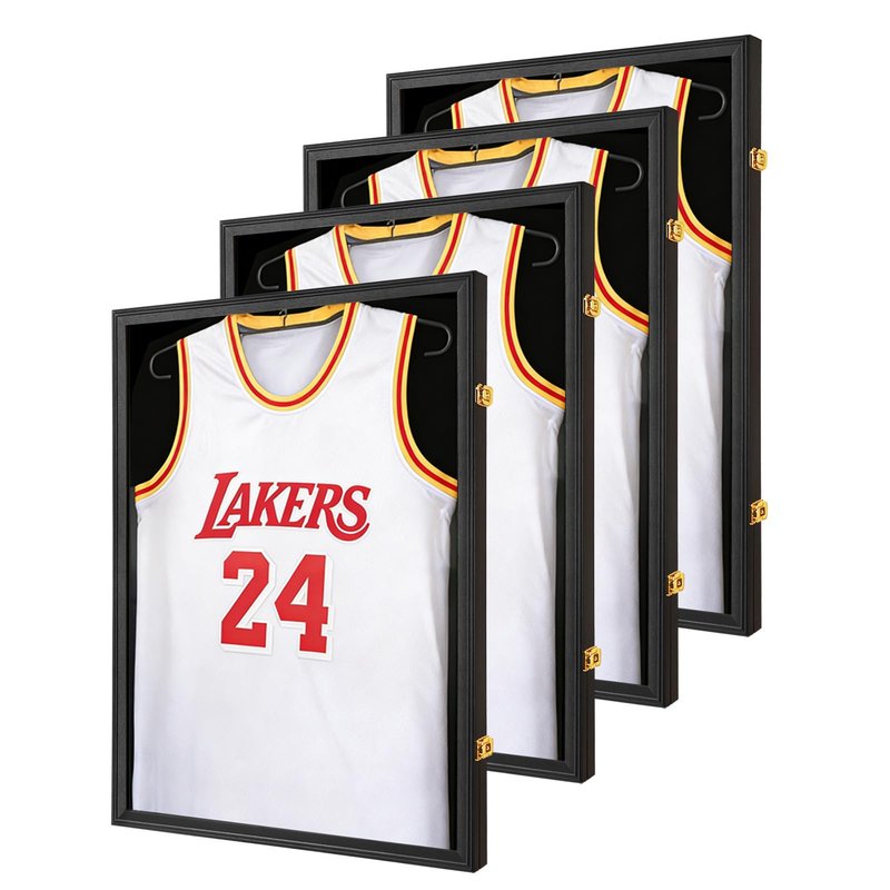 Hactyn Jersey Frame Display Case 4 Pack for Wall ,Large Lockable T-Shirt Shadow Box with Clear UV Protection Acrylic & Hangers for Football Basketball Baseball Soccer Hockey, Matte Black