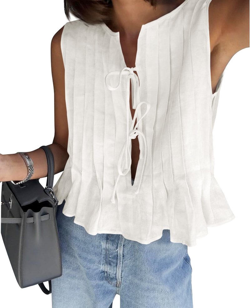 Cicy Bell Womens Bow Front Tie Tank Tops Pleated Babydoll Top Sleeveless Cute Coquette Shirt Summer Outfits White