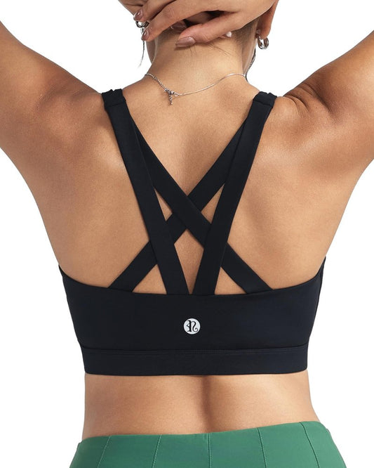 RUNNING GIRL Sports Bra for Women, Criss-Cross Back Padded Strappy Sports Bras Medium Support Yoga Bra with Removable Cups B-Black