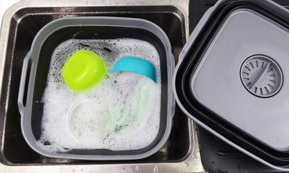 SAMMART 10L (2.64 gallon) Collapsible Dishpan with Draining Plug - Foldable Washing Basin - Portable Dish Washing Tub - Space Saving Kitchen Storage Tray (1, Grey/Black)