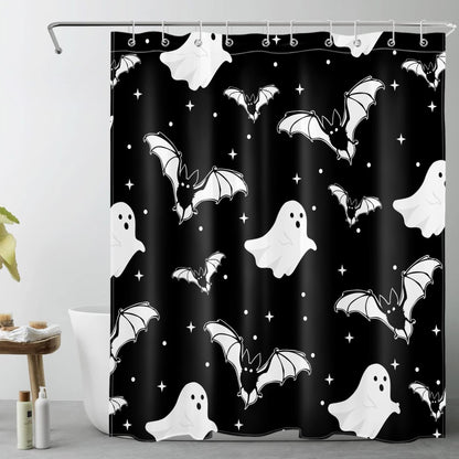 HVEST Halloween Ghost Shower Curtain with Hooks,Spooky White Ghost Bat Stars on Black Shower Curtain for Bathroom Decor Black and White Gothic Shower Curtain Set Halloween Decorations,72L x 60W inches
