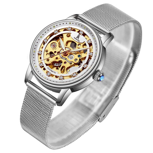 Gute Women's Watch Luxury Mechanical Stainless Steel Skeleton Steampunk Automatic Self Winding Mesh Band Wristwatch