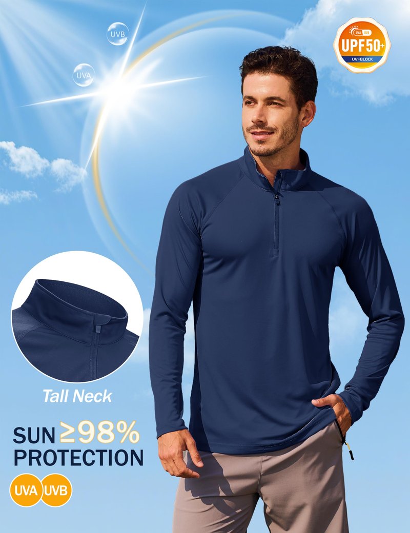 KINSWT Mens Long Sleeve Sun Protection Shirts Quarter Zip Pullover Lightweight 1/4 Zip Moisture Wicking UV Shirts Navy Blue 2XL