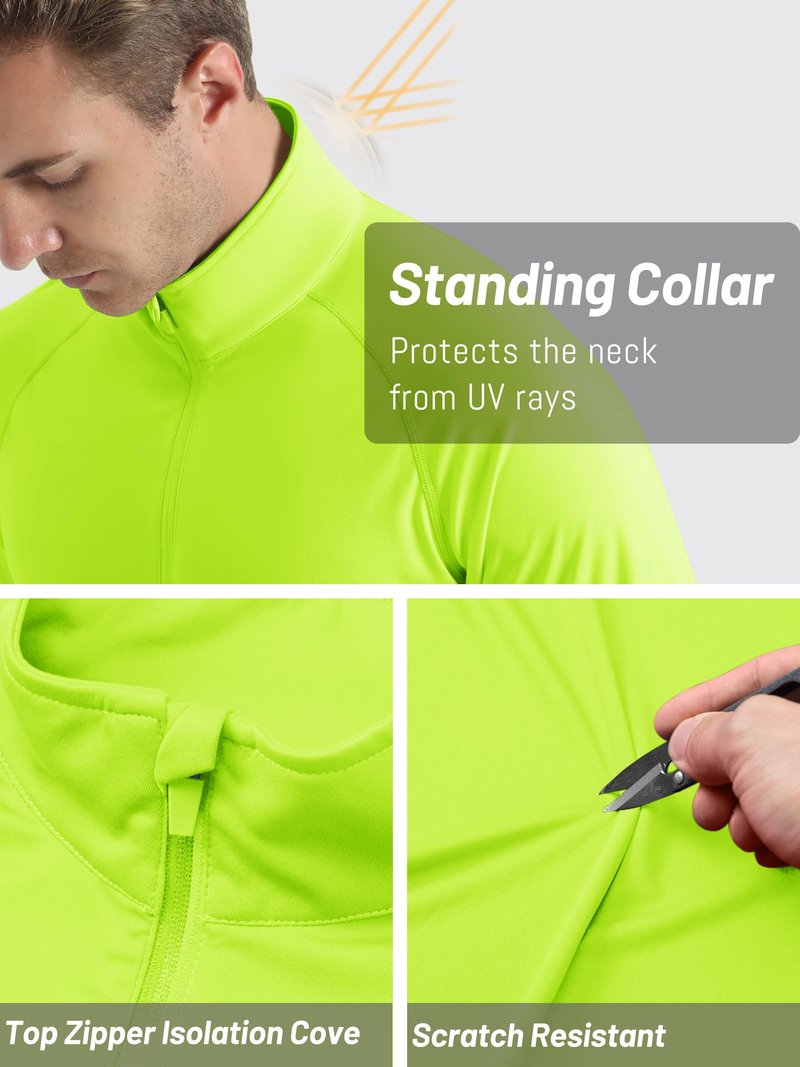 TACVASEN Men Long Sleeve Swim Shirts Sun Protection Quick Dry 1/4 Zip Pullover Running Workout Shirts Fluorescent Green L