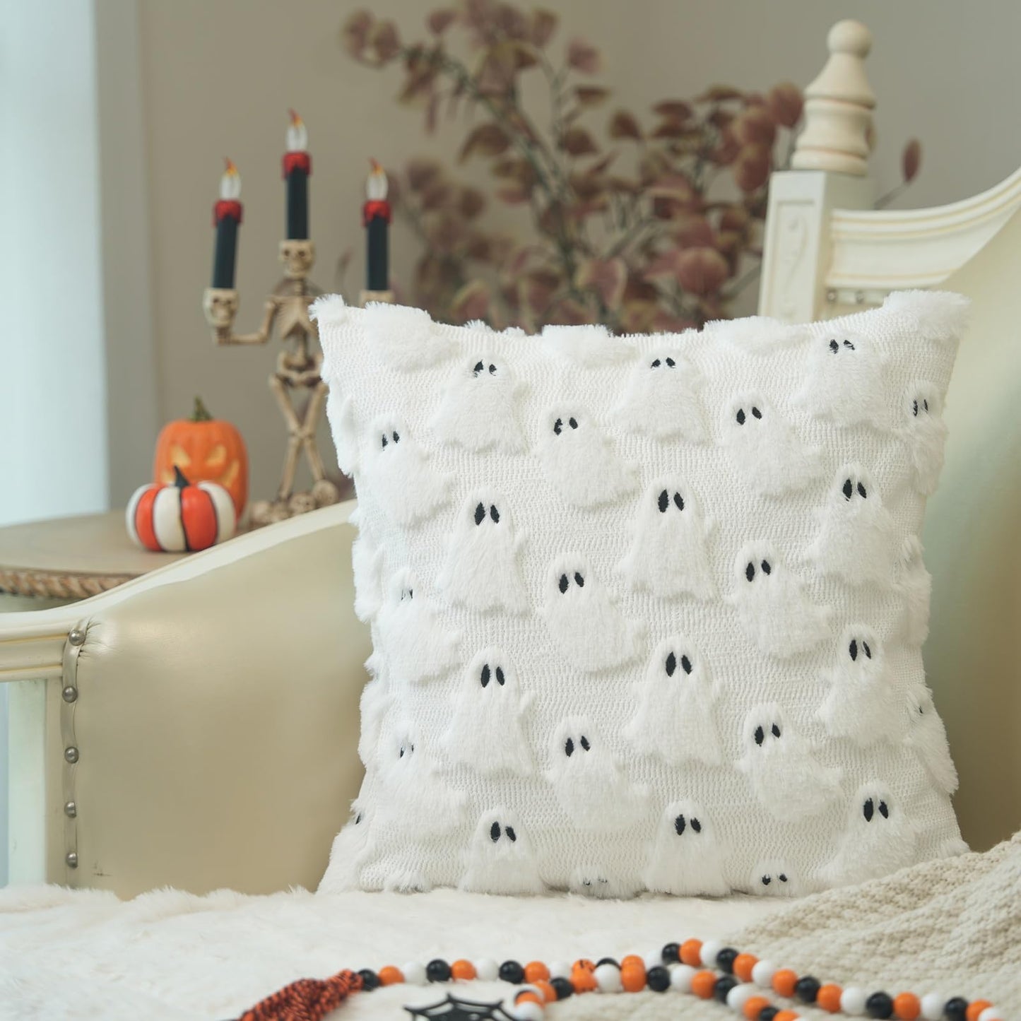 GEEORY Halloween Ghost Soft Plush Pillow Covers, 18 x 18 Inch Set of 2, Fluffy Faux Fur Wool Decorative Farmhouse Cushion Case for Sofa Home Decoration White GC026-18