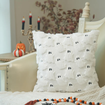 GEEORY Halloween Ghost Soft Plush Pillow Covers, 18 x 18 Inch Set of 2, Fluffy Faux Fur Wool Decorative Farmhouse Cushion Case for Sofa Home Decoration White GC026-18