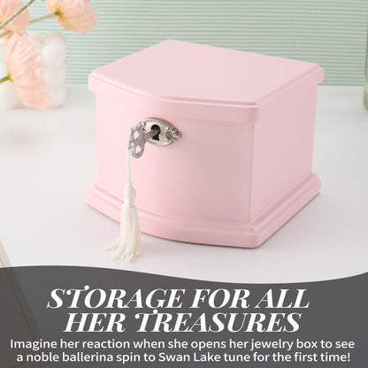 Jozen Gift Pink Small Ballerina Musical Jewelry Box with Mirror and Lock for Girls，Pink Kid's Jewelry Storage Music Chest,Gift for Christmas,New Year,Birthday