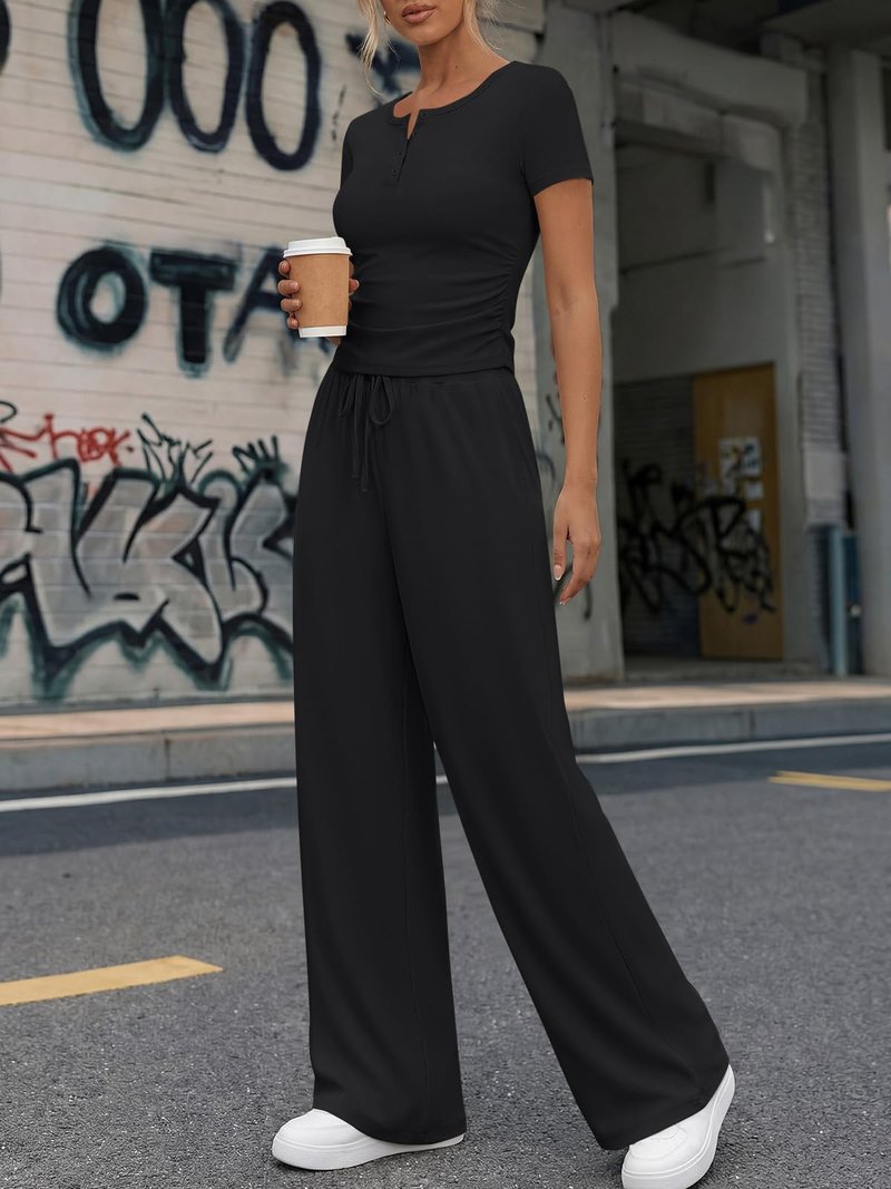 Trendy Queen Womens 2 Piece Sets Lounge Matching Set Cruise Casual Vacation Outfits Summer Airport Workout Gym Clothes Spring Fashion 2026 Teen Girl Wide Leg Pants Athletic Travel Tops Black M