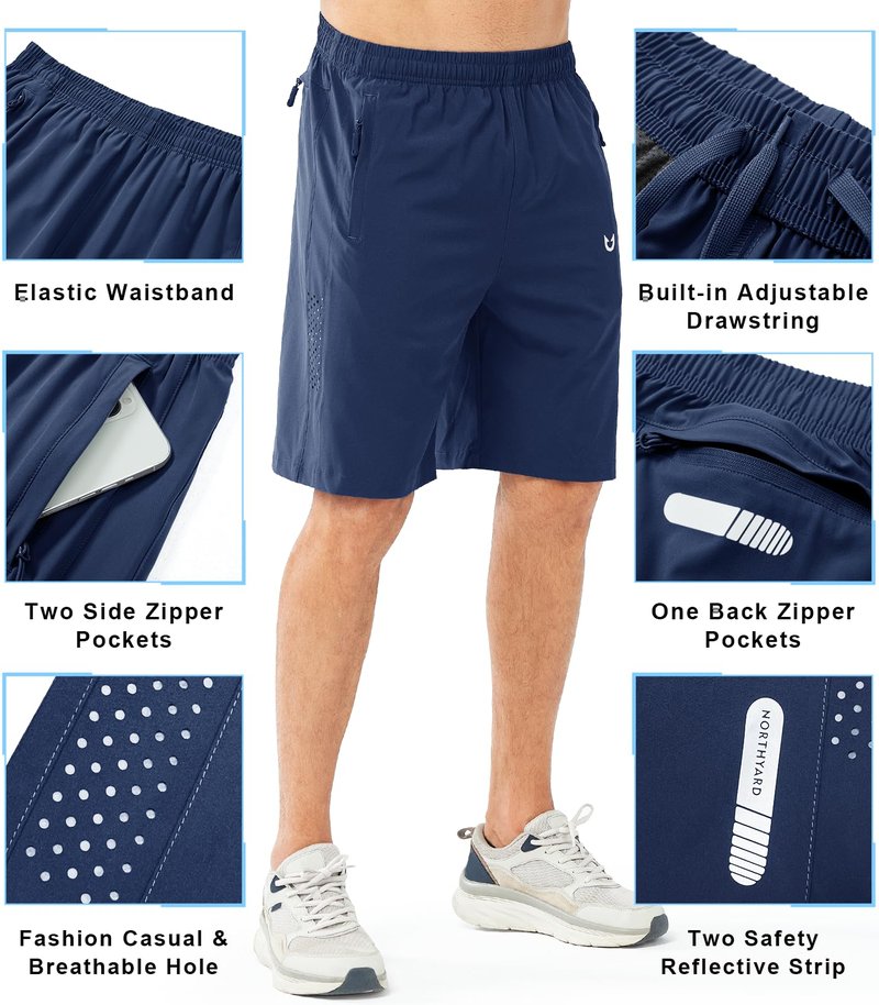 NORTHYARD Men's Athletic Running Shorts Gym Workout 7"/9"/5" Quick Dry Lightweight Sports Basketball Tennis 3 Zipper Pockets DARKBLUE-9inch 4XL